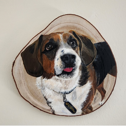 Custom pet portrait on natural slice of wood hand-painted