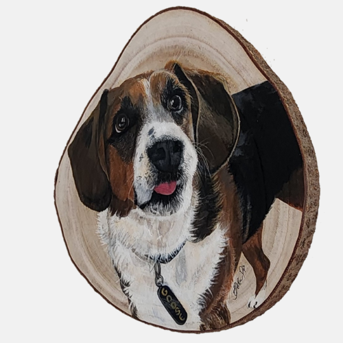 Custom pet portrait on natural slice of wood hand-painted